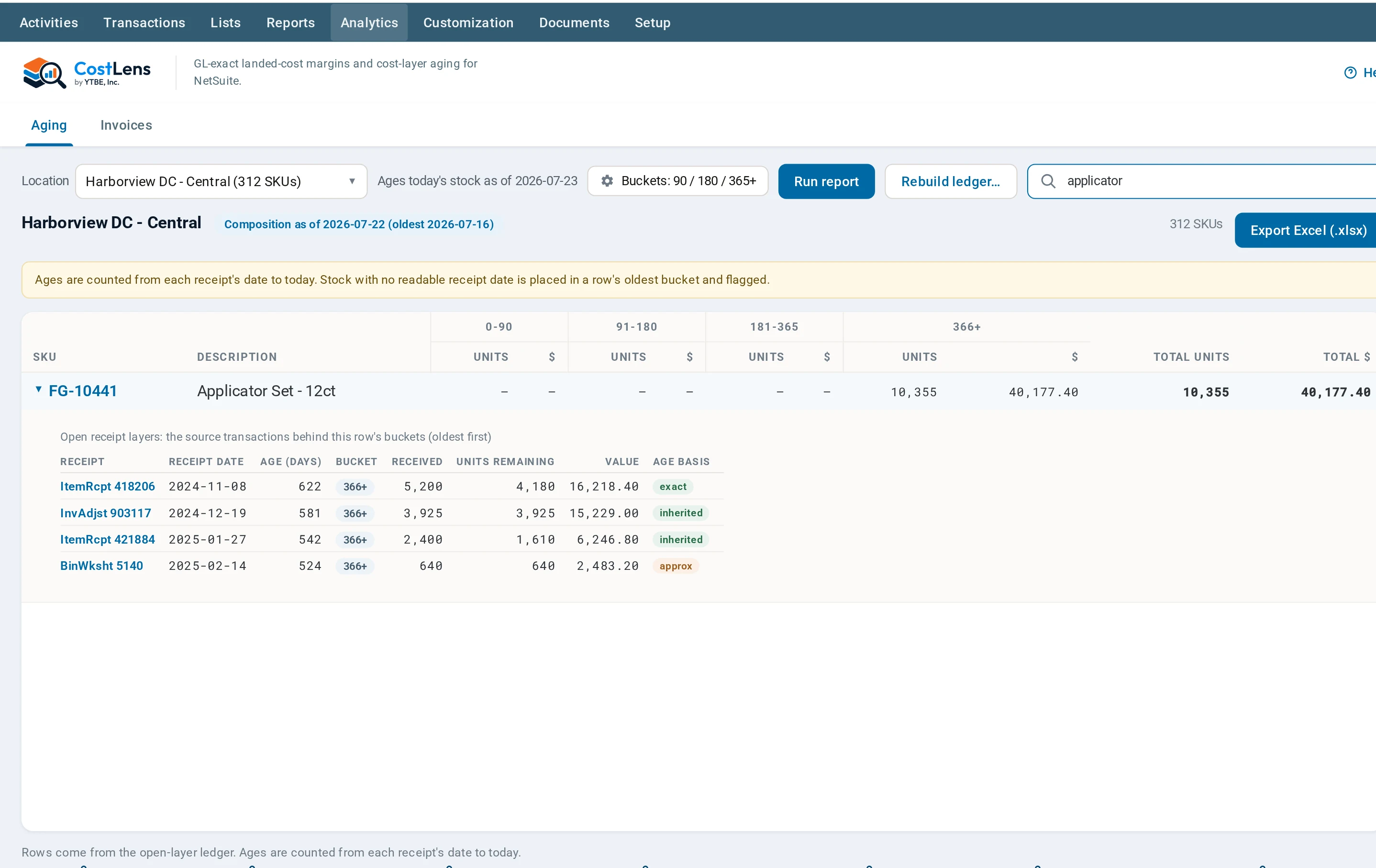 CostLens inventory aging report